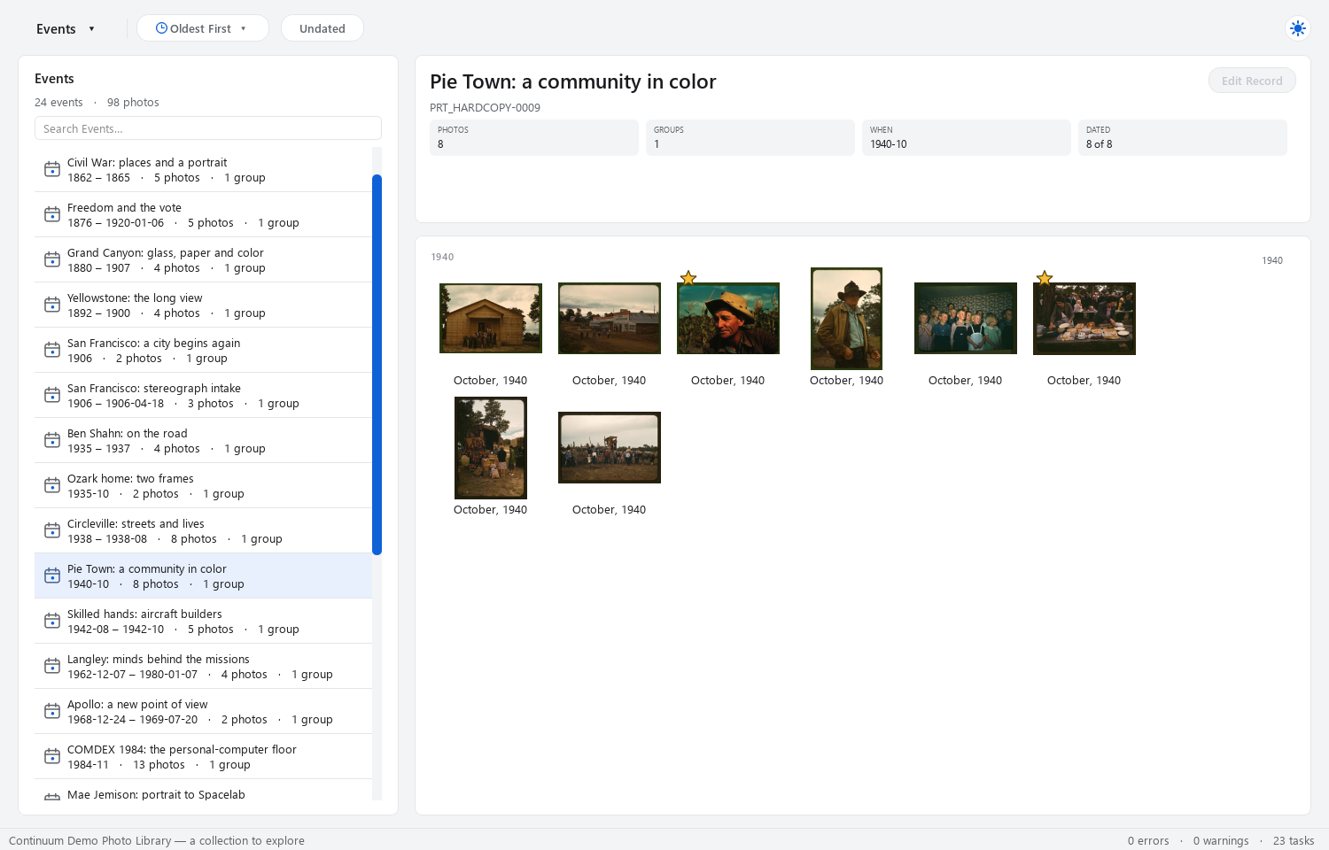 Continuum Events view showing Pie Town: a community in color