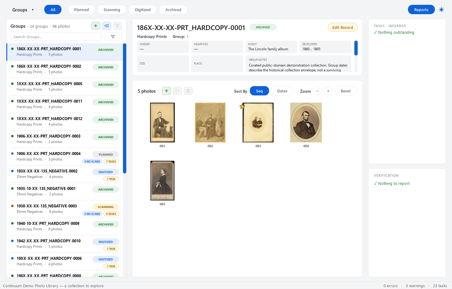 Continuum Groups view showing the Lincoln family album and its catalog details